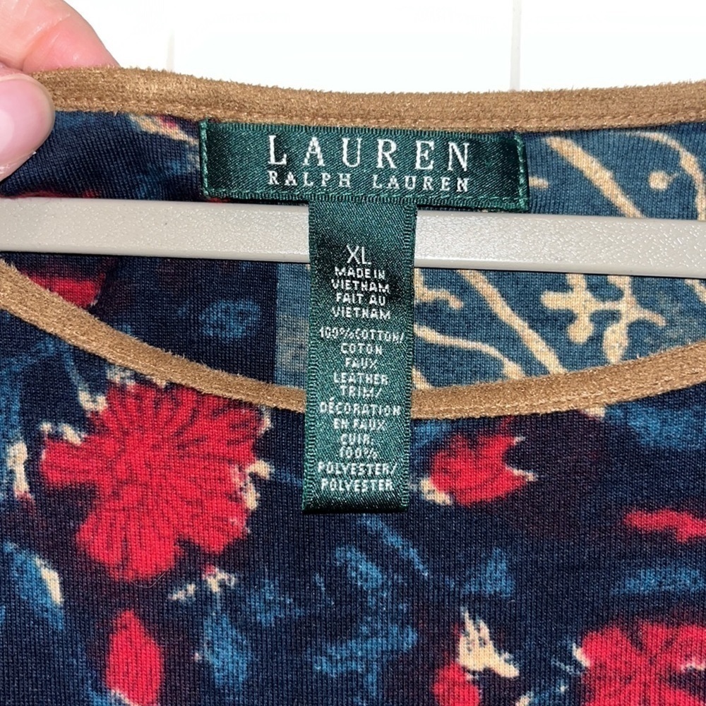 Lauren Ralph Lauren short sleeve patchwork cotton dress faux leather trim/tie XL - Picture 6 of 10